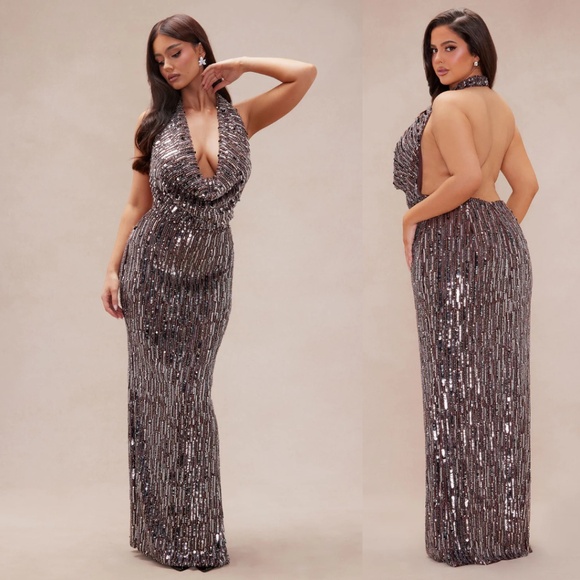 Backless Plunge Sequin Maxi Dress | Brown Size M - Picture 1 of 6